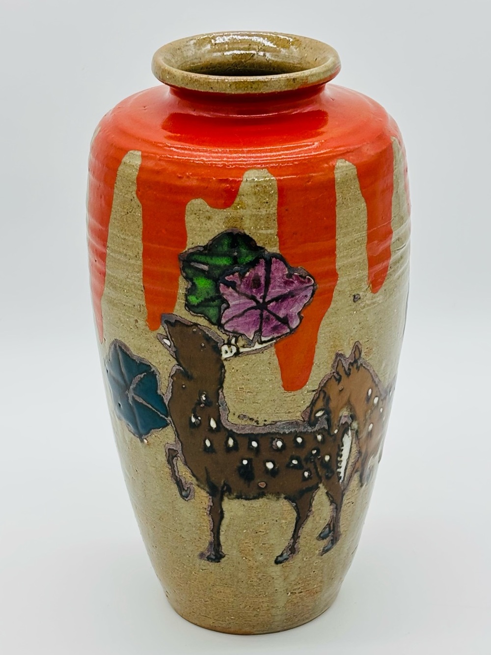 Vintage Studio Pottery Deer Vase Orange Drip Glaze Hand Painted Rustic Cabin